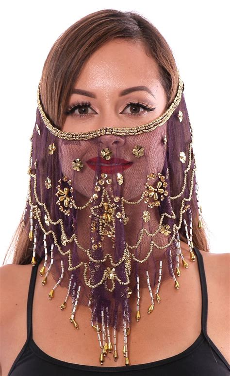 Ornate Harem Belly Dancer Costume Face Veil Accessory Dark Purple