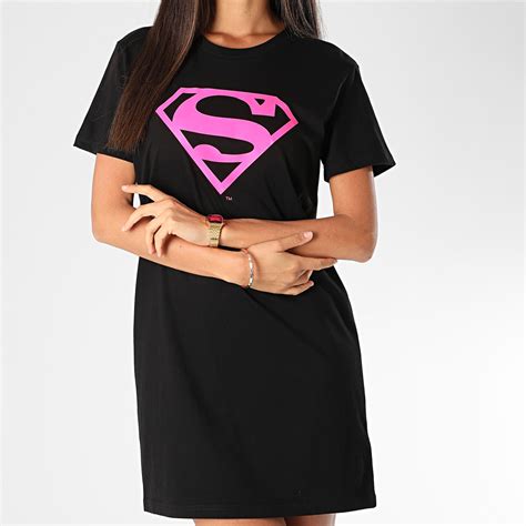 Dc Comics Tee Shirt Robe Femme Logo Superman Noir Rose Fluo