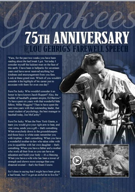 75th Anniversary Of Lou Gehrigs Farewell Speech Farewell Speech Lou