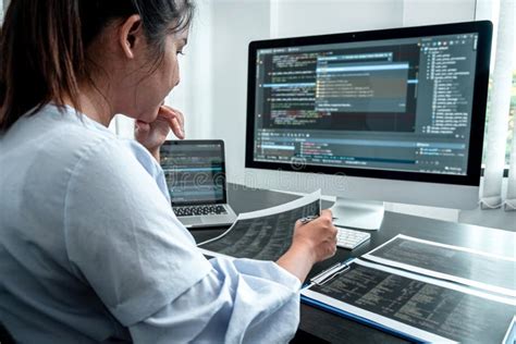 Female Developer Programmer Working On Coding Program Software Computer