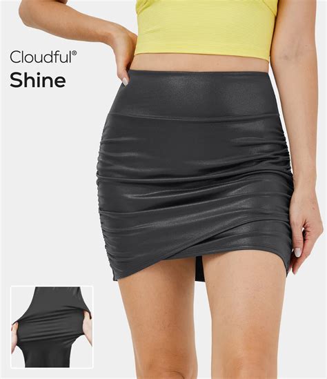 Cloudful® Shine High Waisted Bodycon Shine Foil Print 2 In 1 Ruched Stretchy Casual Skirt