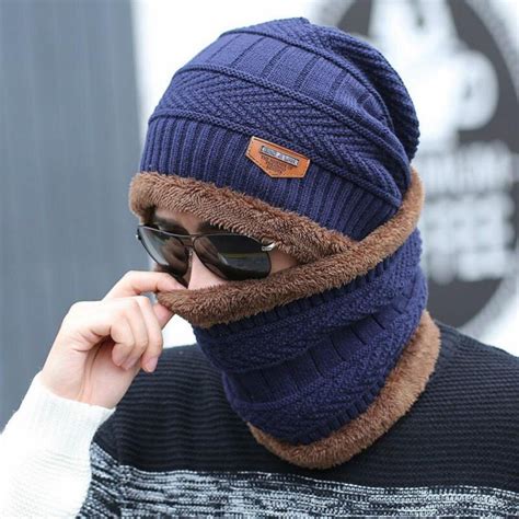 Coral Fleece Winter Hat Beanies Mens Hat Scarf Warm Breathable Cotton Blend Knitted Hat For