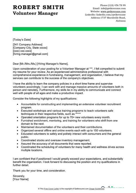 Volunteer Manager Cover Letter Examples Qwikresume