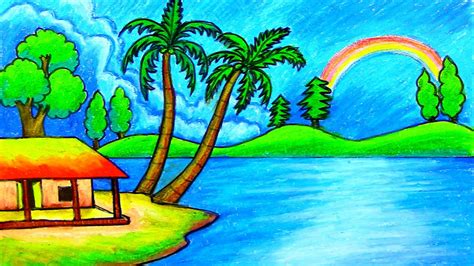 How To Draw Easy Scenery Rainbow Scenery Drawing Step By Step Youtube