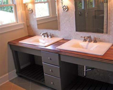 Natural woods, concrete or natural stone. 20 Bathrooms With Wooden Countertops