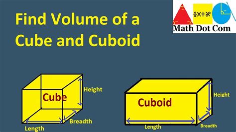 Find Volume Of A Cube And Cuboid Math Dot Com Youtube