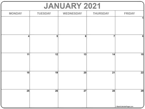 Calendar Monday Through Friday 2021 Example Calendar Printable