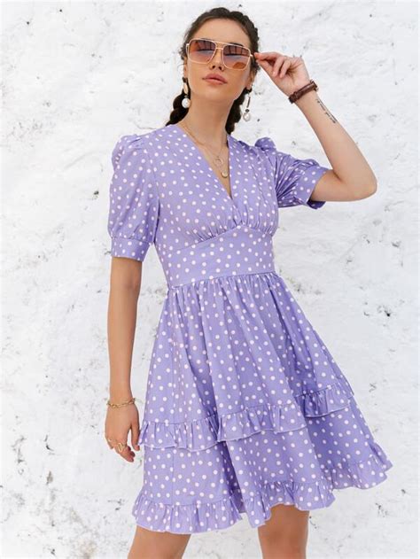 Simplee Puff Sleeve Ruffle Trim Polka Dot Dress Shein Usa