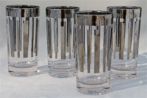 Vintage Bar Glass Set W Wide Silver Stripes Mid Century Mod Drinking Glasses