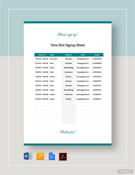 Sign Up Sheet Template With Time Slots