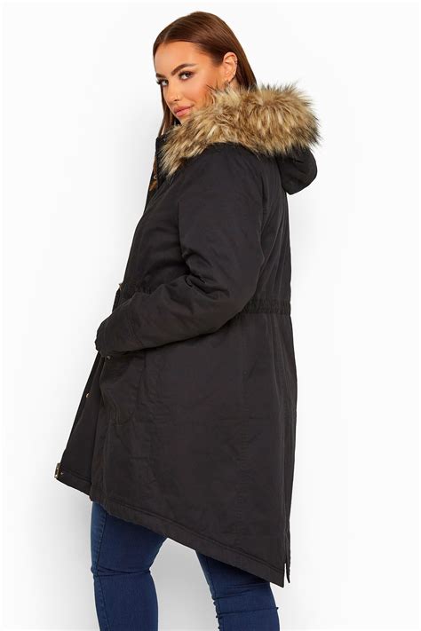 Black Fleece Lined Faux Fur Trim Parka Jacket Yours Clothing