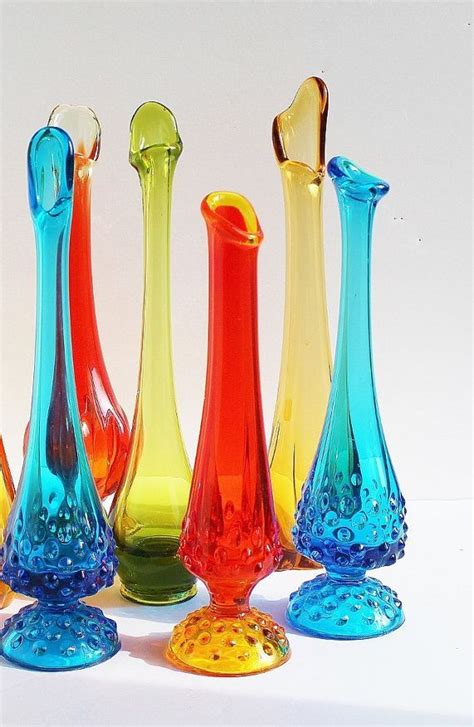 Vintage Peacock Blue Stretch Glass Vase 9 5” Swung Skinny Neck Fenton Hobnail Stamped Base