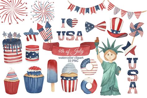 4th Of July Watercolor Clipart Independence Day Png Usa Patriotic Cl