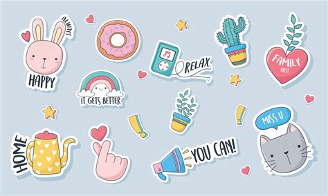 Assorted Cute Stickers Cards Or Patches 1240459 Vector Art At Vecteezy