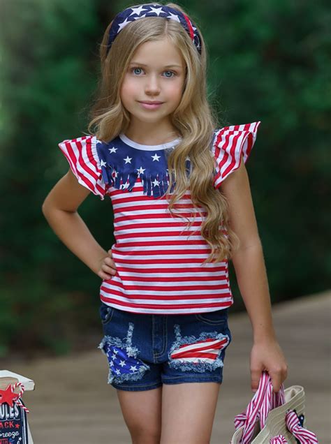 Girls 4th Of July Top And Patched Denim Shorts Set Mia Belle Girls
