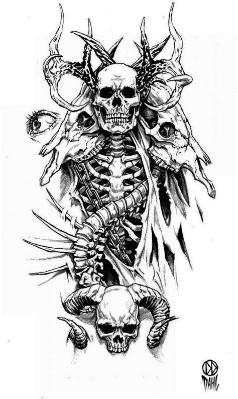 A Skeleton With Horns And Skulls On Its Back Is Shown In This Tattoo