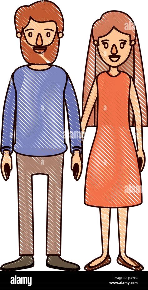 Color Crayon Stripe Cartoon Full Body Couple Woman With Long Hair In
