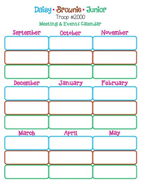 Multi Level Yearly Calendar Daisybrowniejunior Girl Scouts Fillable