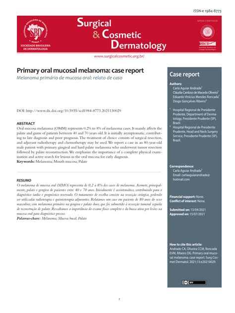 Pdf Primary Oral Mucosal Melanoma Case Report