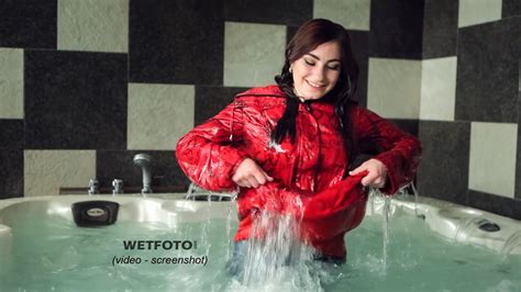 Wetlook By Beautiful Girl In Red Jacket Brown Blouse Tight Jeans In Jacuzzi