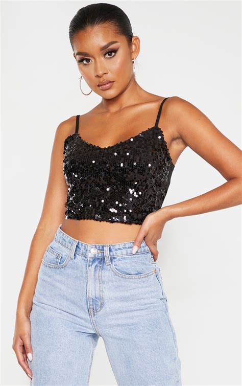 Black Sequin Crop Top Tops Prettylittlething Usa