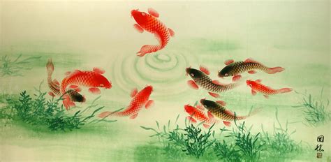 Koi Fish Feeding Chinese Painting Chinese Art