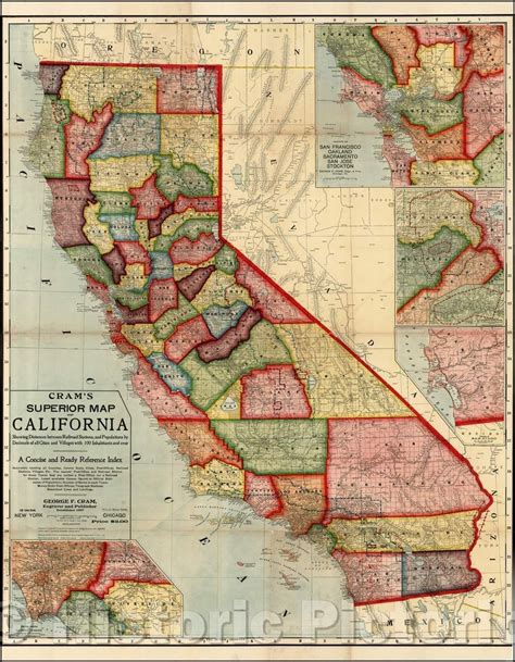 Historic Map Crams Superior Map Of California Showing Distances