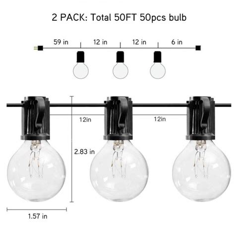 2 Pack 25ft Outdoor Patio String Lights With 25 Clear Globe G40 Bulbs