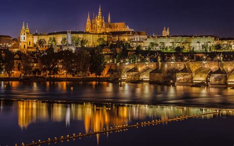 Prague Czech Republic Charles Bridge Vltava River Night Lights