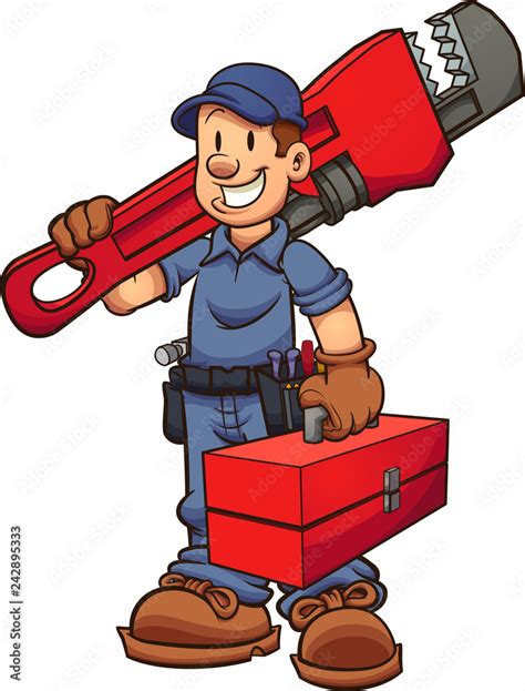 Cartoon Plumber With Oversized Wrench On One Hand And A Toolbox In The