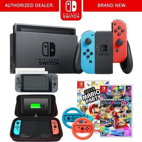nintendo switch 32 gb console with neon blue and red joy con party games bundle