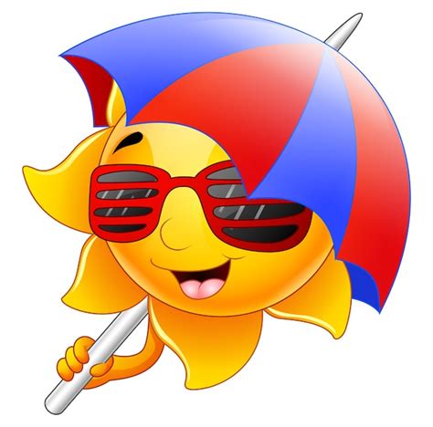 Caricatura De Personaje De Sol Con Gafas De Sol Y Paraguas Vector Premium