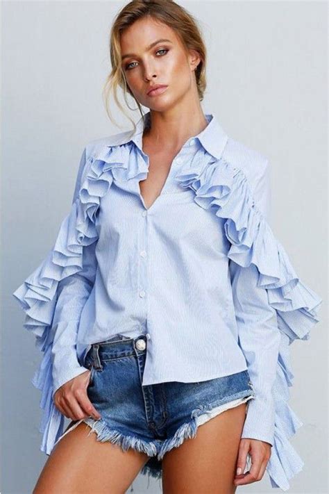 Light Blue Stripe Ruffle Long Sleeve V Neck Button Up Casual Blouse