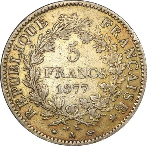 Ή ζώνη ώρας για την πρωτεύουσα παρίσι προβάλλεται εδώ. Γαλλία France 5 Francs 1877 Silver Κυκλοφορημένο