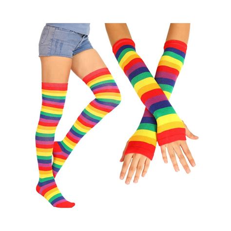 Neon Rainbow Striped Thigh High Socks Long Fingerless Sleeve Set Super X Studio