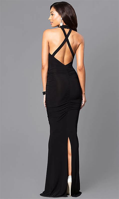 Long Open Back Black Ruched Prom Dress