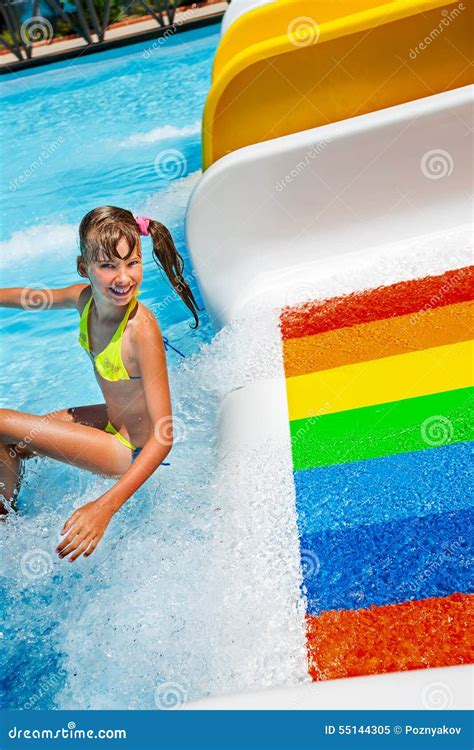 Child In Bikini Sliding Water Park Stock Image Image 55144305