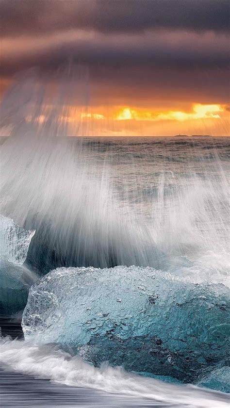 Iceland Morning Beach Ice Waves Splashing Sea 640x1136 Iphone 5