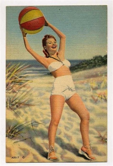 vintage bathing beauty postcard woman with beach ball pin