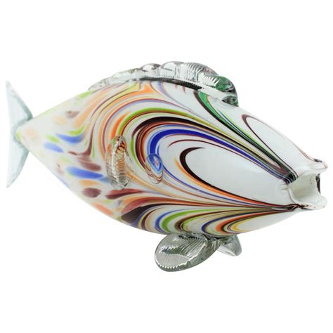 Murano Style Hand Blown Art Glass Multi Colored Fish Sculpture On Base