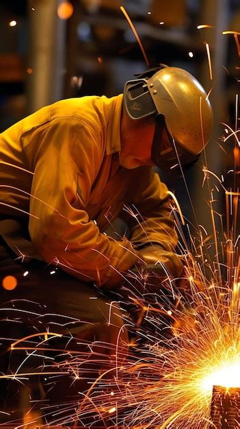 Premium Photo Generative AI Employee Grinding Steel With Sparks Focus