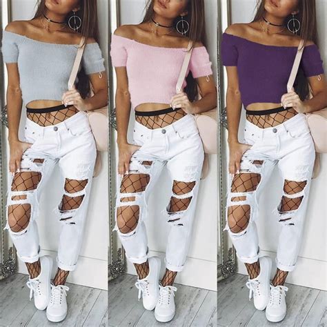Sexy Knitted Off Shoulder Skinny Crop Top Chic Me Clothing White Jeans