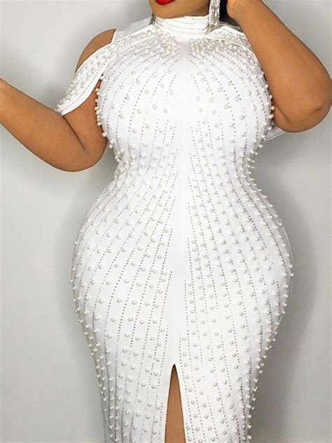 White Pearl Bodycon Front Slit Plus Size Prom Evening Party Maxi Dress Maxi Dresses Dresses