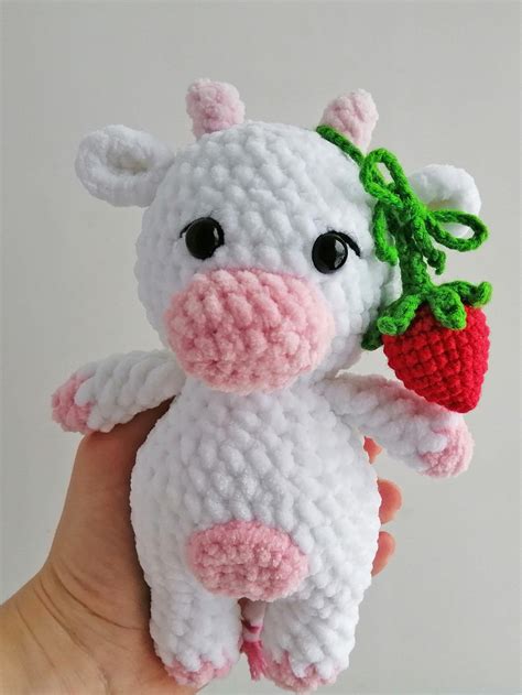 Strawberry Cow Crochet Plush Toy Strawberry Cow White Etsy Uk
