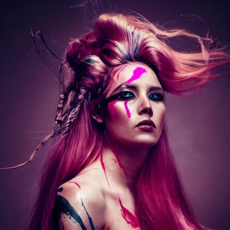 Breathtaking Lady With Pink Flowing Hair With War Paint Midjourney