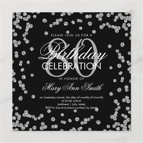 Silver Black 80th Birthday Glitter Confetti Invitation In