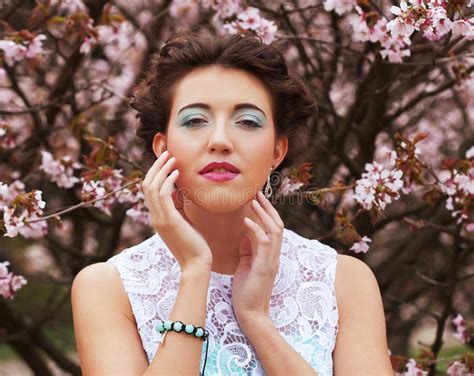 Beautiful Young Woman At Spring Garden Stock Photo Image Of Brunette
