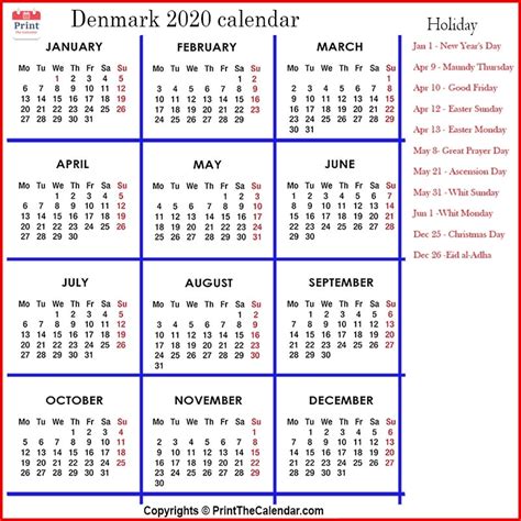 Denmark Calendar 2020 With Denmark Public Holidays