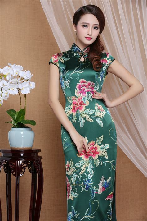 Spectacular Peony Flowers Mid Calf Qipao Cheongsam Dress Green Qipao Cheongsam Dresses Women