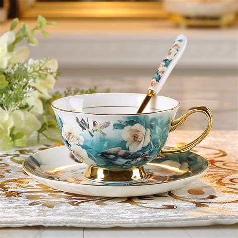 Peacock Blue Bone China Coffee Cup Set Tea Cup Set With Flower And Bird